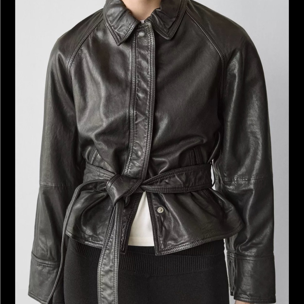 Massimo Dutti Dark Leather Belted Jacket Size L New